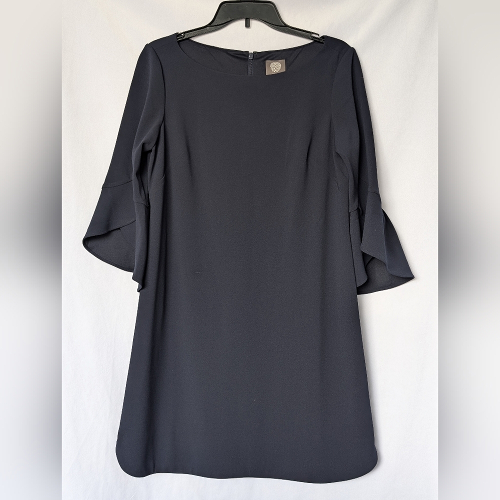 ☘️Vince Camuto Womens Navy 3/4 Sleeve Woven Knit Shift Dress Sz 8 Pre-owned
